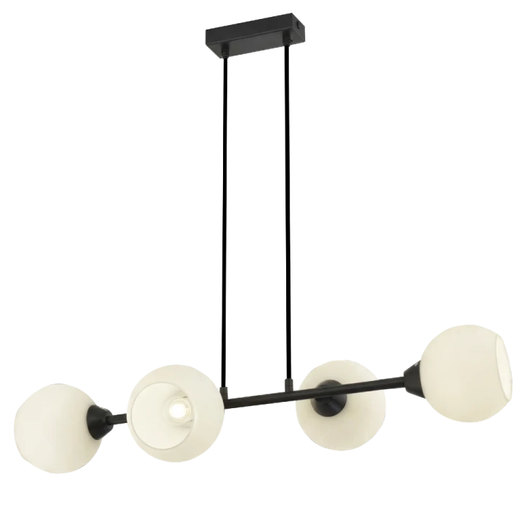 Oświetl jadalnię lampą LINEAR 4xE27 marki Elem. Czarna konstrukcja i białe szklane klosze tworzą wyrazistą kompozycję nad stołem. Model 3035/4 BL ma szerokość 84 cm, regulowaną wysokość 15–115 cm i waży 1,5 kg.