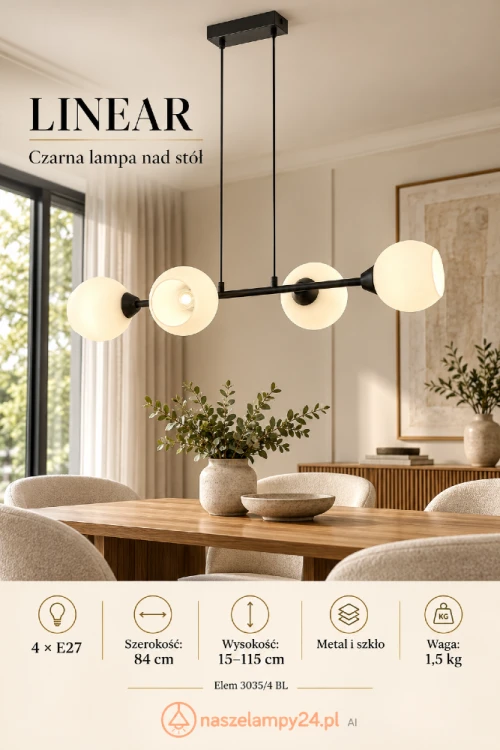 Lampa sufitowa LINEAR Elem 3035/4 BL łączy czarny metal z białym szkłem. Cztery klosze zwrócone w różnych kierunkach podkreślają nowoczesny styl. Szerokość 84 cm, wysokość 15–115 cm, cztery gwinty E27.