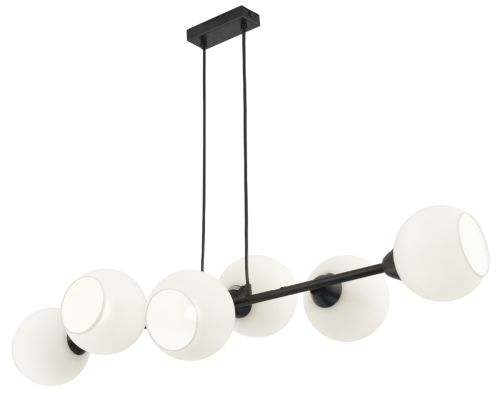 Czarna lampa wisząca LINEAR 6xE27 Elem 3035/6 BL z białymi szklanymi kloszami. Idealna nad długi stół, wyspę kuchenną lub barek. Szerokość 105 cm, regulowana wysokość 15–115 cm. Oświetlenie do nowoczesnej jadalni.