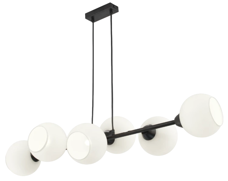 Czarna lampa wisząca LINEAR 6xE27 Elem 3035/6 BL z białymi szklanymi kloszami. Idealna nad długi stół, wyspę kuchenną lub barek. Szerokość 105 cm, regulowana wysokość 15–115 cm. Oświetlenie do nowoczesnej jadalni.