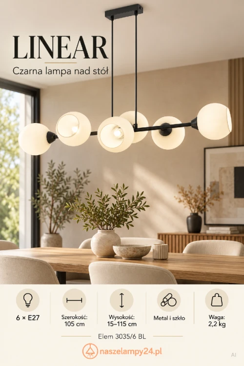 Oświetl jadalnię lampą LINEAR 6xE27 marki Elem. Czarna konstrukcja i białe szklane klosze tworzą dekoracyjną kompozycję nad stołem. Model 3035/6 BL ma szerokość 105 cm, wysokość 15–115 cm i waży 2,2 kg.