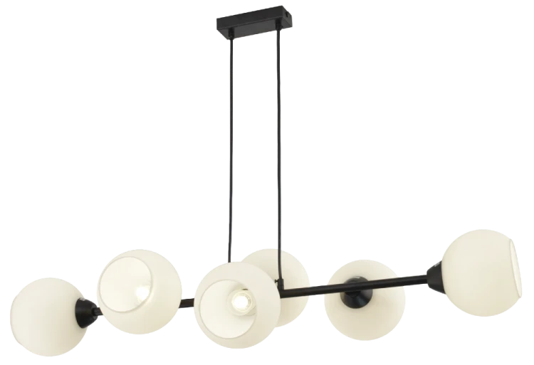 Lampa sufitowa LINEAR Elem 3035/6 BL łączy czarny metal z białym szkłem. Sześć kloszy zwróconych w różnych kierunkach podkreśla charakter wnętrza. Gwinty 6xE27, szerokość 105 cm i regulowana wysokość 15–115 cm.