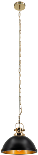Lampa wisząca LENTO 1xE27 Elem 7899/1 BL TR łączy czarny metalowy klosz ze złotym wnętrzem. Idealna nad stół, wyspę lub barek. Szerokość 31 cm, regulowana wysokość 31–88 cm. Loftowy akcent do kuchni i jadalni.