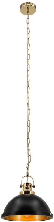 Lampa wisząca LENTO 1xE27 Elem 7899/1 BL TR łączy czarny metalowy klosz ze złotym wnętrzem. Idealna nad stół, wyspę lub barek. Szerokość 31 cm, regulowana wysokość 31–88 cm. Loftowy akcent do kuchni i jadalni.