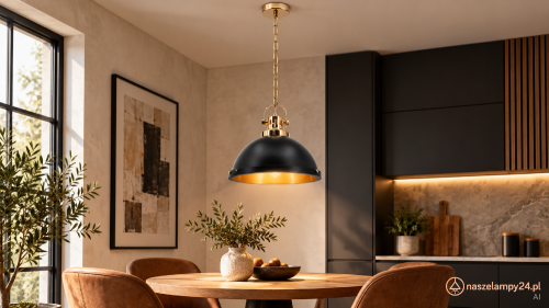 Czarno-złota lampa LENTO Elem 7899/1 BL TR na dekoracyjnym łańcuchu. Metalowy klosz podkreśla industrialny styl kuchni, jadalni lub restauracji. Gwint E27, szerokość 31 cm, wysokość regulowana 31–88 cm.