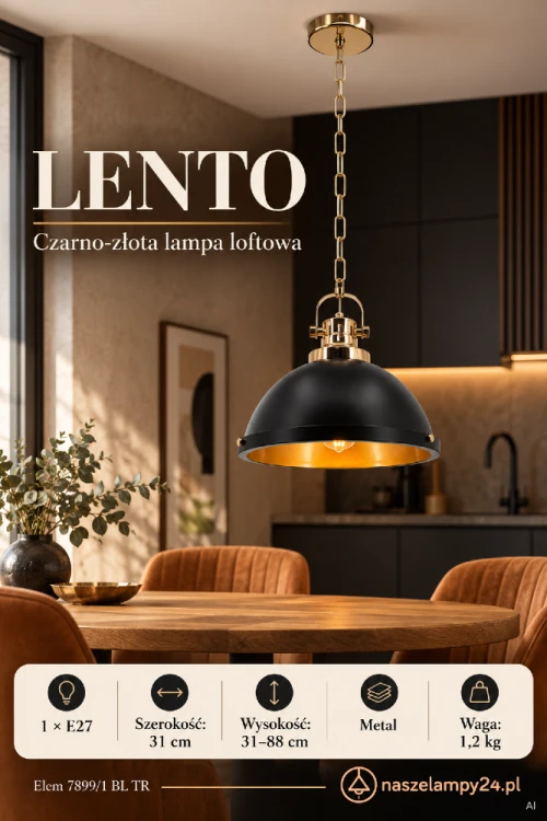 LENTO Elem to metalowa lampa wisząca w kolorze czarnym i złotym. Półkolisty klosz kieruje światło w dół, a łańcuch dodaje industrialnego charakteru. Model 7899/1 BL TR: 1xE27, szerokość 31 cm, wysokość 31–88 cm.
