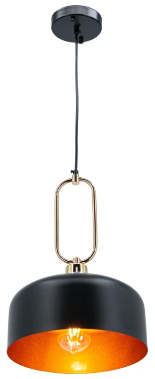 Lampa wisząca NEXO 1xE27 Elem 7895/1 BL TR łączy czarny metalowy klosz ze złotym wnętrzem. Idealna nad stół, wyspę lub barek. Szerokość 27 cm i regulowana wysokość 41–120 cm ułatwiają dopasowanie do wnętrza.