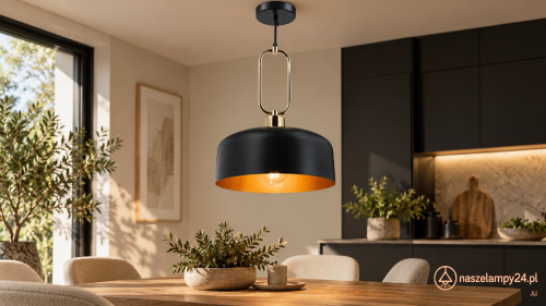 Czarno-złota lampa NEXO Elem 7895/1 BL TR z ozdobną owalną pętlą. Loftowe oświetlenie do kuchni, jadalni lub restauracji. Metalowy klosz, gwint E27, szerokość 27 cm, regulacja wysokości 41–120 cm.