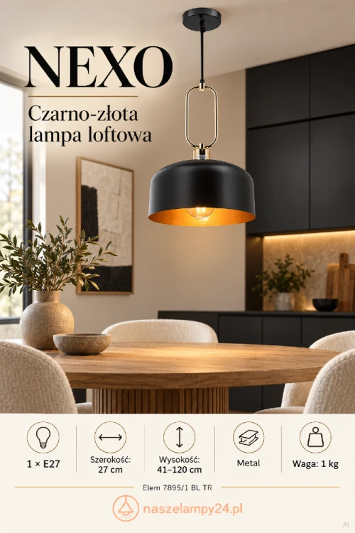 Wybierz lampę loftową NEXO 1xE27 nad stół lub barek. Czarny klosz ze złotym wnętrzem pasuje do drewna, cegły i betonu. Model Elem 7895/1 BL TR ma szerokość 27 cm, wysokość 41–120 cm i waży 1 kg.