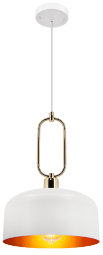 Biało-złota lampa wisząca NEXO 1xE27 Elem 7895/1 WH TR z metalowym kloszem i ozdobną pętlą. Idealna nad stół, wyspę lub barek. Szerokość 27 cm, regulowana wysokość 41–120 cm. Stylowy akcent do kuchni i jadalni.