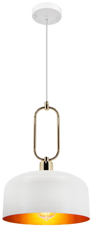 Biało-złota lampa wisząca NEXO 1xE27 Elem 7895/1 WH TR z metalowym kloszem i ozdobną pętlą. Idealna nad stół, wyspę lub barek. Szerokość 27 cm, regulowana wysokość 41–120 cm. Stylowy akcent do kuchni i jadalni.