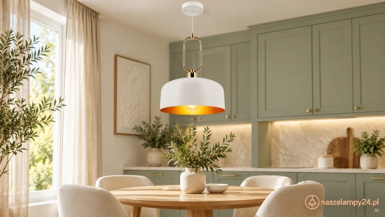 Oświetl jadalnię lampą NEXO 1xE27 Elem. Biały klosz ze złotym środkiem pasuje do drewna, beżu i szałwiowych mebli. Model 7895/1 WH TR: szerokość 27 cm, regulowana wysokość 41–120 cm, metalowa konstrukcja, waga 1 kg.