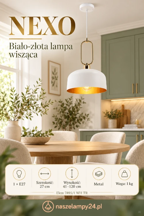 Wybierz białą lampę NEXO 1xE27 nad stół lub barek. Złote wnętrze i owalny detal zawieszenia podkreślają jej elegancję. Model Elem 7895/1 WH TR ma szerokość 27 cm, wysokość regulowaną 41–120 cm i waży 1 kg.