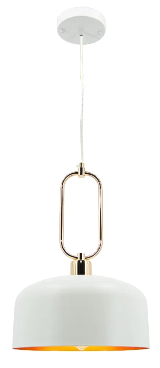 Lampa wisząca NEXO Elem 7895/1 WH TR łączy biały metalowy klosz ze złotymi detalami. Sprawdzi się w kuchni, jadalni i kawiarni. Szerokość 27 cm, wysokość 41–120 cm, oprawka E27 na wymienne źródło światła