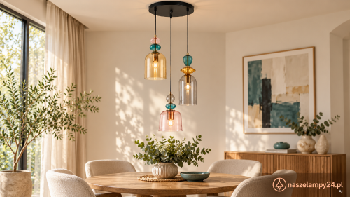 Kolorowa lampa NAMOS 3xE27 Italux to dekoracyjne oświetlenie nad stół. Szklane klosze, mosiężne akcenty i czarne przewody pasują do wnętrz retro i nowoczesnych. Średnica 39,5 cm, wysokość całkowita 124,5 cm, moc maks. 3x40W, IP20.
