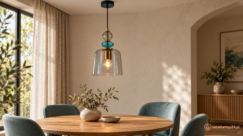 NAMOS Italux to kolorowa lampa nad stół, barek lub wyspę kuchenną. Przydymione szkło i turkusowy akcent współgrają z mosiężnym wykończeniem. Oprawka 1xE27, maks. 40W. Średnica 16 cm, wysokość całkowita 107,5 cm, IP20.