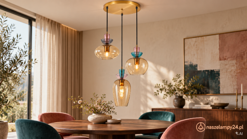 Lampa sufitowa FANDA 3xE27 Italux w kolorze złotym z bursztynowymi kloszami i niebieskimi dodatkami to eleganckie oświetlenie do salonu, jadalni lub sypialni. Wykonana z metalu i szkła, pasuje do żarówek E27. Wysokość regulowana, gwarancja 2 lata
