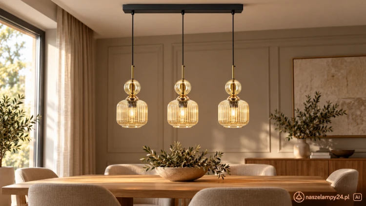 Lampa sufitowa wisząca NADIA Elem zachwyca ryflowanym szkłem i złotymi detalami. Trzy klosze w jednej linii pasują nad wyspę kuchenną i stół. Oprawki 3×E27, szerokość 65 cm oraz wysokość 30–90 cm zapewniają swobodę aranżacji.