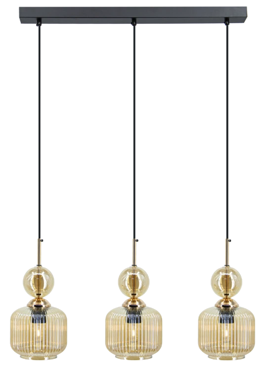 Lampa wisząca NADIA Elem 7487/3 BL TR łączy czarno-złotą oprawę z trzema ryflowanymi kloszami. Idealna nad stół, wyspę kuchenną lub barek. Szerokość 65 cm, regulowana wysokość 30–90 cm i oprawki 3×E27 ułatwiają dopasowanie do wnętrza.