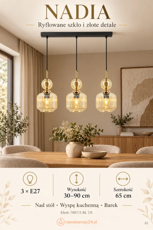 NADIA 3×E27 to elegancka lampa nad stół do jadalni. Bursztynowe, ryflowane klosze oraz czarne i złote detale podkreślają charakter aranżacji. Model Elem 7487/3 BL TR ma szerokość 65 cm i regulowaną wysokość od 30 do 90 cm.