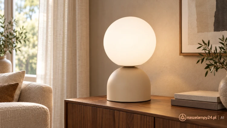 Beżowa lampa stołowa MIKI BIG SABIA z białą kulą to elegancki dodatek do wnętrz nowoczesnych i japandi. Model TK Lighting 11498 ma wysokość 52 cm i szerokość 30 cm. Źródło światła: 1×E27 LED max 15 W, żarówka do kupienia osobno.