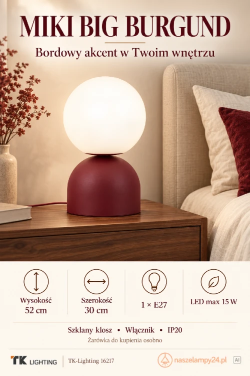 Lampa stołowa MIKI BIG TK-Lighting w kolorze burgund to wyrazisty dodatek do wnętrza. Biała, szklana kula osłania źródło światła. Model 16217 ma wysokość 52 cm, szerokość 30 cm i oprawkę 1×E27 LED max 15 W. Żarówka poza zestawem.