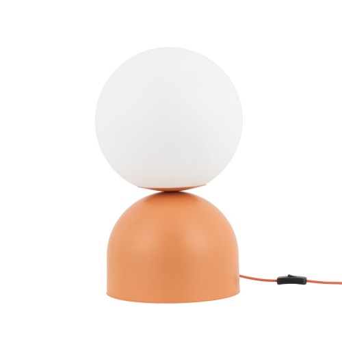 Lampka stołowa MIKI SALMON BIG TK-Lighting 11432 łączy pomarańczową podstawę z białym kloszem ze szkła. Idealna do salonu i sypialni. Wysokość 52 cm, szerokość 30 cm, E27 LED max 15 W i włącznik. Żarówka do kupienia osobno.