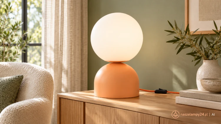 Pomarańczowa lampka nocna MIKI SALMON BIG z białą kulą ociepli wystrój sypialni. Pasuje do drewna, beżów i szałwiowej zieleni. Model TK-Lighting 11432 ma wysokość 52 cm, szerokość 30 cm i oprawkę E27 LED max 15 W. Posiada włącznik.