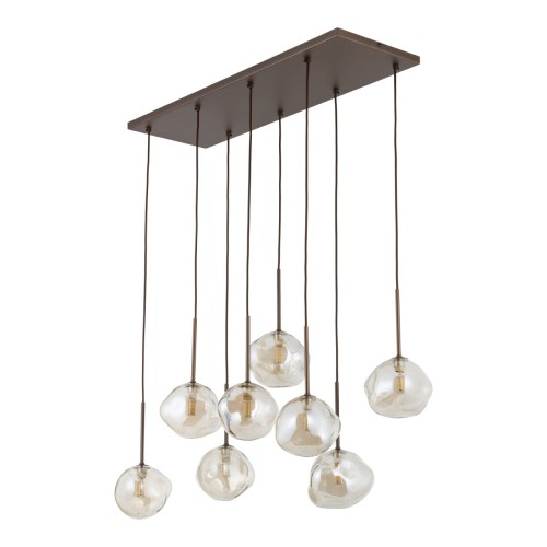 Lampa wisząca LAVA Brown TK-Lighting 11942 z 8 koniakowymi kloszami ze szkła. Brązowa oprawa i kaskadowy układ tworzą dekoracyjne oświetlenie nad stół lub wyspę. Wymiary 87 × 33 × 120 cm, źródła światła 8 × G9.