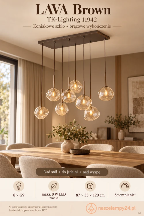 Lampa sufitowa wisząca LAVA Brown TK-Lighting 11942 zachwyca organiczną formą szklanych kloszy. Model 8 × G9 do jadalni i salonu. Ściemnianie możliwe przy zastosowaniu odpowiednich żarówek i kompatybilnego ściemniacza.