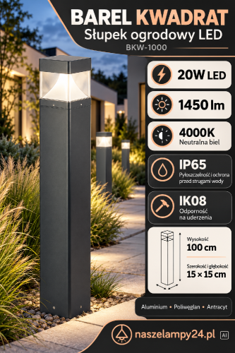Oświetl ogród lampą BAREL KWADRAT 100 cm. Słupek LED 20W emituje 1450 lm światła o barwie 4000K. Grafitowa kolorystyka i kwadratowy przekrój pasują do nowoczesnej architektury. Ochrona IP65, odporność IK08.