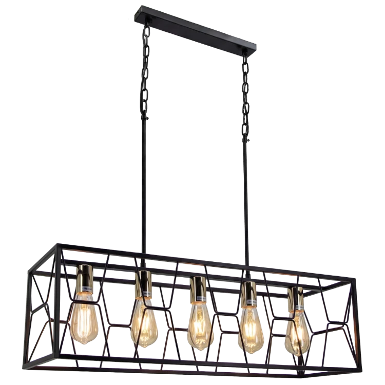 Lampa wisząca FRAME Elem 6825/5 BL TR to czarna, metalowa oprawa ze złotymi detalami i 5 oprawkami E27. Geometryczna konstrukcja o szerokości 80 cm pasuje nad stół w jadalni i wyspę kuchenną. Wysokość regulowana 23–100 cm.