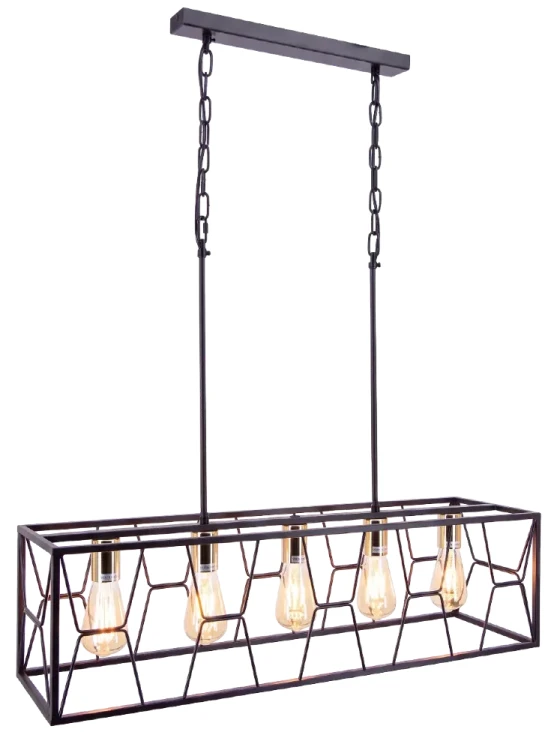 FRAME Elem 6825/5 BL TR – industrialna lampa nad stół i wyspę kuchenną. Czarny metal, złote detale i 5 oprawek E27 pozwalają stworzyć wyraziste oświetlenie wnętrza. Szerokość 80 cm, głębokość 23 cm, wysokość 23–100 cm.