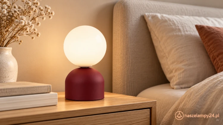 Bordowa lampka stołowa MIKI z białą kulą to dekoracyjne oświetlenie do sypialni i salonu. Model TK-Lighting 16216 ma wysokość 21 cm, oprawkę G9 i włącznik. Szklany klosz rozprasza światło. Żarówka sprzedawana oddzielnie.