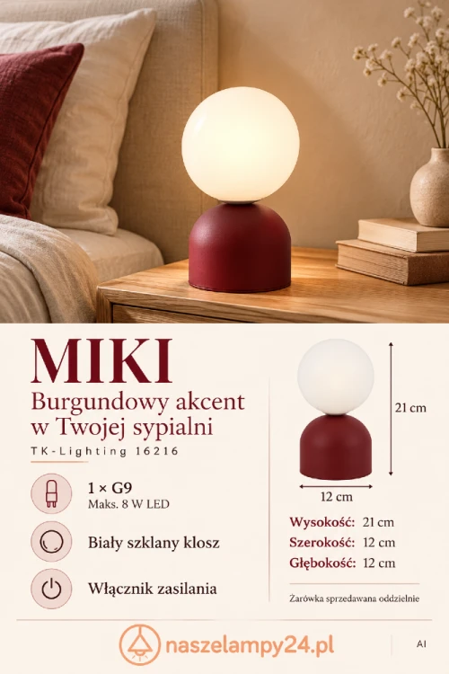 Wprowadź burgundowy akcent do sypialni z lampką MIKI 16216 TK-Lighting. Biała szklana kula i bordowa podstawa pasują do drewna oraz jasnych tkanin. Wysokość 21 cm, szerokość 12 cm, 1 × G9, maks. 8 W LED.