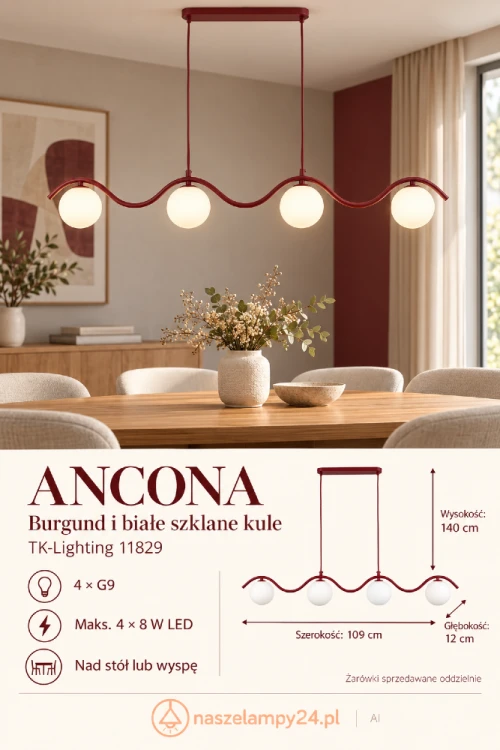 ANCONA nad stołem i MIKI na komodzie – poznaj burgundowe lampy TK-Lighting z białymi kulami. Lampa wisząca ma 109 cm szerokości i 4 oprawki G9, a stołowa 21 cm wysokości i 1 oprawkę G9. Stylowy duet do jadalni i salonu.