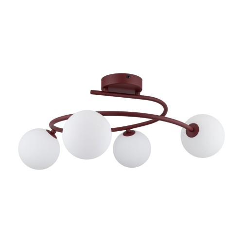Lampa sufitowa ILSA TK-Lighting 11852 łączy burgundowy stelaż z czterema białymi szklanymi kulami. Spiralna forma pasuje do salonu i sypialni. Wymiary 63 × 63 × 29 cm, 4 oprawki G9, maks. 8 W LED każda.