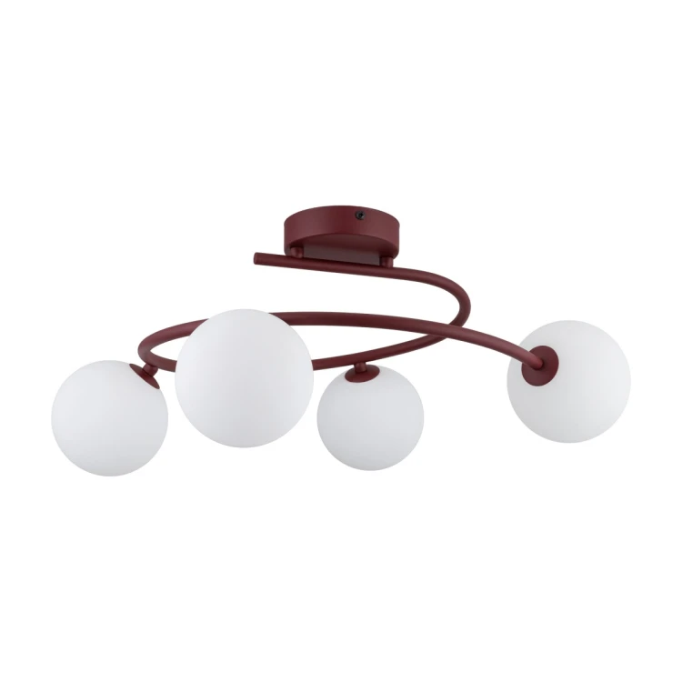 Lampa sufitowa ILSA TK-Lighting 11852 łączy burgundowy stelaż z czterema białymi szklanymi kulami. Spiralna forma pasuje do salonu i sypialni. Wymiary 63 × 63 × 29 cm, 4 oprawki G9, maks. 8 W LED każda.