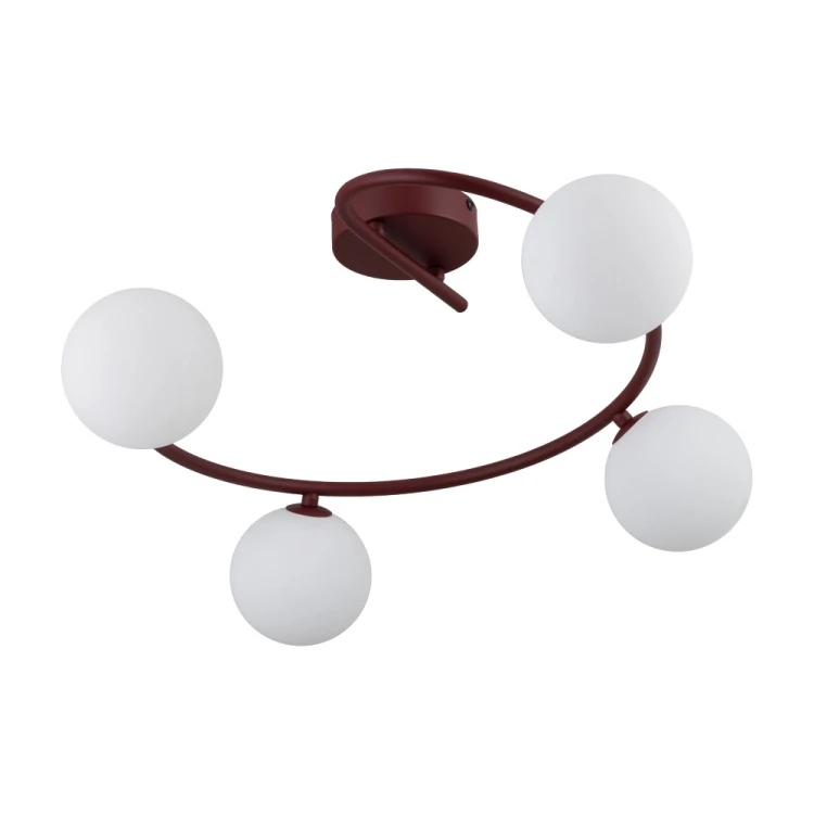 ILSA 11852 TK-Lighting – burgundowy plafon z białymi szklanymi kulami. Wymiary 63 × 63 × 29 cm pozwalają stworzyć wyrazisty akcent w salonie. Cztery wymienne żarówki G9 umożliwiają dobór barwy i jasności światła