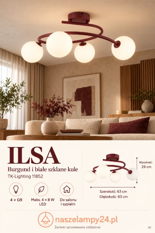 Wybierz bordową lampę sufitową ILSA TK-Lighting 11852 do salonu lub sypialni. Cztery białe kule rozpraszają światło, a zakrzywiony stelaż zdobi wnętrze. Oprawki 4xG9, maks. 4 × 8 W LED. Żarówki sprzedawane oddzielnie.