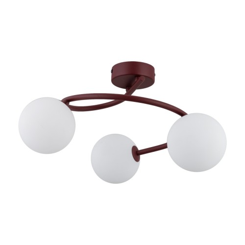 Lampa sufitowa ILSA TK-Lighting 11851 łączy burgundowy stelaż z trzema białymi szklanymi kulami. Pasuje do salonu i sypialni. Wymiary 44 × 44 × 26 cm, oprawki 3xG9, maks. 8 W LED każda. Żarówki sprzedawane oddzielnie.