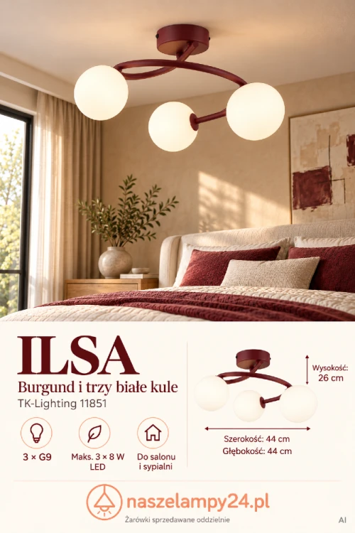 Wybierz bordową lampę sufitową ILSA TK-Lighting 11851 do sypialni lub salonu. Trzy szklane klosze rozpraszają światło, a zakrzywiony stelaż zdobi wnętrze. Oprawki G9 na żarówki LED maks. 3 × 8 W. Wymiary 44 × 44 × 26 cm.