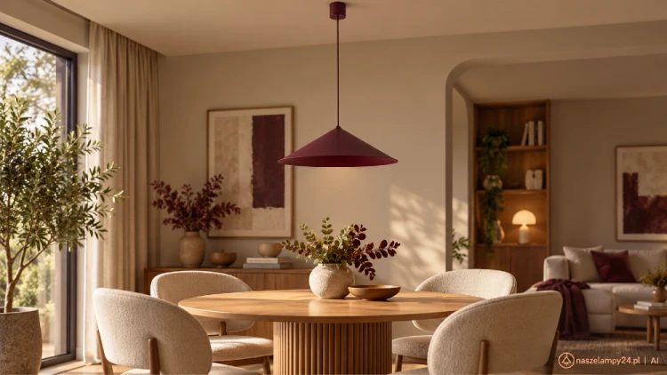 LUME burgund TK-Lighting 11696 – nowoczesna lampa wisząca nad stół, barek lub stolik w restauracji. Klosz Ø40 cm ze stali lakierowanej, wysokość 145 cm. Źródło GX53 w komplecie. Ciepłe światło 3000 K, 560 lm, IP20.