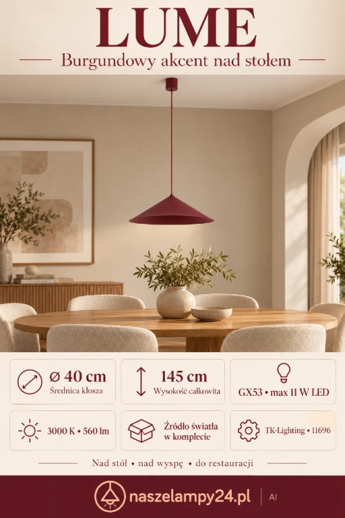 Wybierz burgundową lampę wiszącą LUME TK-Lighting 11696 z metalowym kloszem w kształcie stożka. Średnica 40 cm, wysokość całkowita 145 cm. GX53 LED w zestawie, 3000 K i 560 lm. Do jadalni, kuchni i kawiarni.
