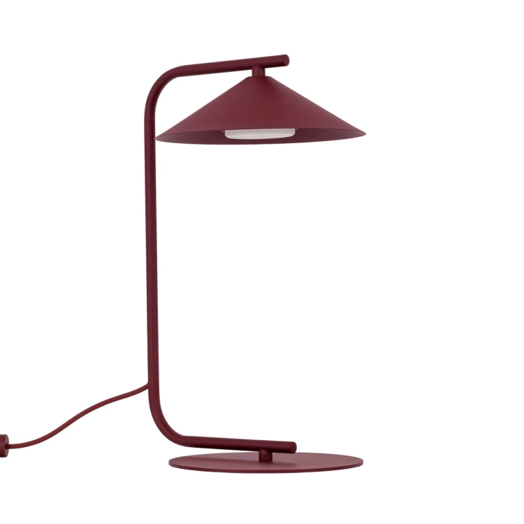 Lampka stołowa LUME TK-Lighting 16215 w kolorze burgund. Metalowy klosz stożkowy, wysokość 42 cm i włącznik zasilania. Źródło GX53 w komplecie, ciepłe światło 3000 K, 560 lm. Do salonu i sypialni.