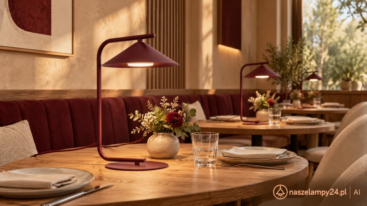 Lampka LUME burgund TK-Lighting 16215 łączy geometryczną formę z ciepłym światłem 3000 K. Do sypialni, salonu i kawiarni. Wymiary 27 × 23 × 42 cm, źródło GX53 w zestawie, 560 lm. Maksymalna moc LED 11 W, IP20.
