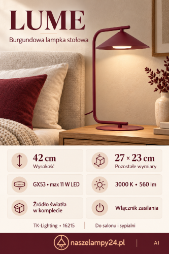 Bordowa lampka nocna LUME 16215 TK-Lighting to dekoracyjne oświetlenie przy łóżku. Stal lakierowana, stożkowy klosz i wygięty stelaż. Wymiary 27 × 23 × 42 cm. GX53 w zestawie, 3000 K, 560 lm, IP20.