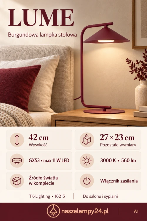 Bordowa lampka nocna LUME 16215 TK-Lighting to dekoracyjne oświetlenie przy łóżku. Stal lakierowana, stożkowy klosz i wygięty stelaż. Wymiary 27 × 23 × 42 cm. GX53 w zestawie, 3000 K, 560 lm, IP20.