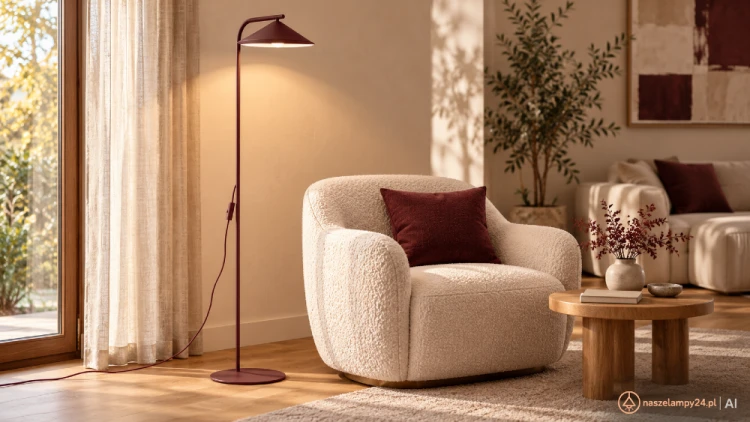Bordowa lampa stojąca LUME 16214 TK-Lighting to oświetlenie obok fotela lub kanapy. Wymiary 41 × 30 × 160 cm, stal lakierowana i włącznik zasilania. GX53 w zestawie, 3000 K, 560 lm. Maksymalna moc LED 11 W, IP20.