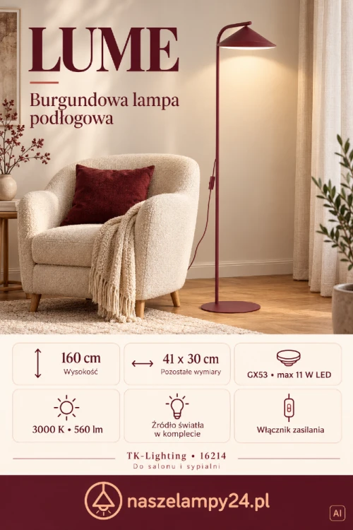 Wybierz burgundową lampę podłogową LUME TK-Lighting 16214 do salonu lub sypialni. Stożkowy klosz i smukła forma pasują do drewna i beżów. Wysokość 160 cm, źródło GX53 w komplecie, 3000 K, 560 lm, zasilanie 230 V.